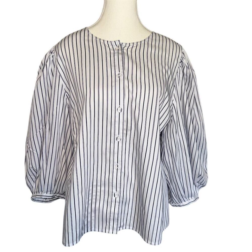 Madewell Women's 3/4 Puff Sleeve Button Up Striped Top Blue Size 14 Large Casual